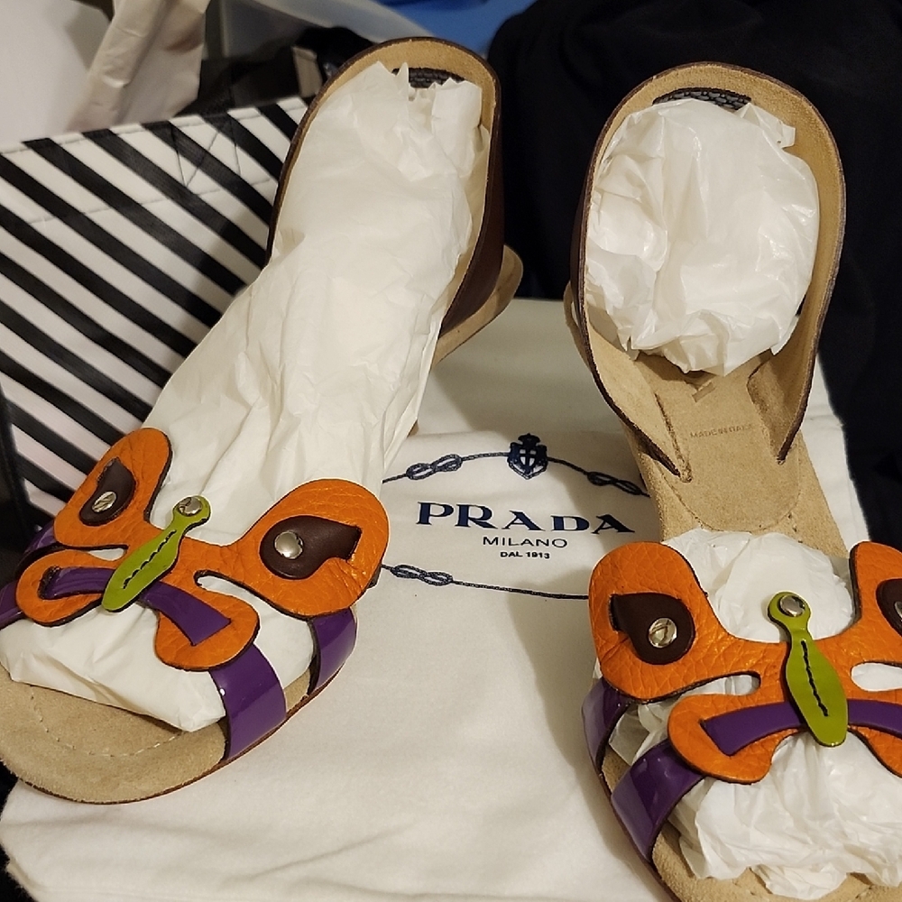 Prada Women's Sandals with Orange and Purple Butterfly Design